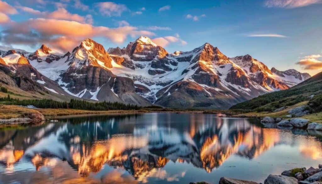 Majestic mountain range reflected in calm lake at sunset.