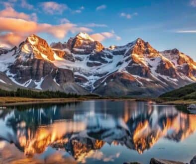 Majestic mountain range reflected in calm lake at sunset.